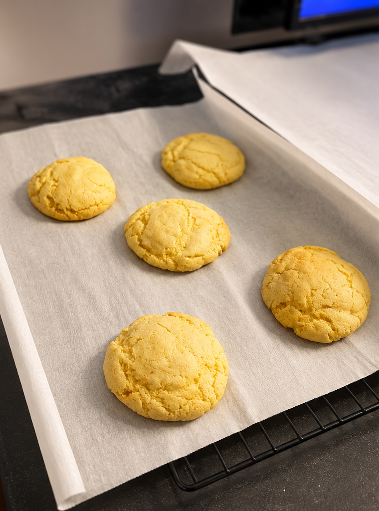 Soft, golden sourdough cookies baked fresh in small batches. Just awaiting toping. Simple, sweet, and made with care by Treat Yo’ Shelf Bakery.